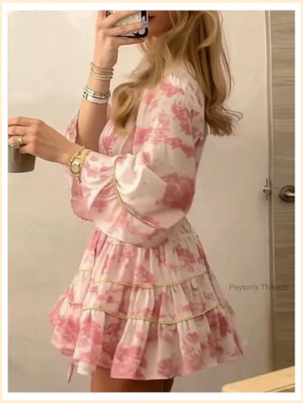 Women's Floral Ruffle Mini Dress V Neck 3/4 Sleeve Flowy Boho Vacation Dresses - Picture 2 of 5